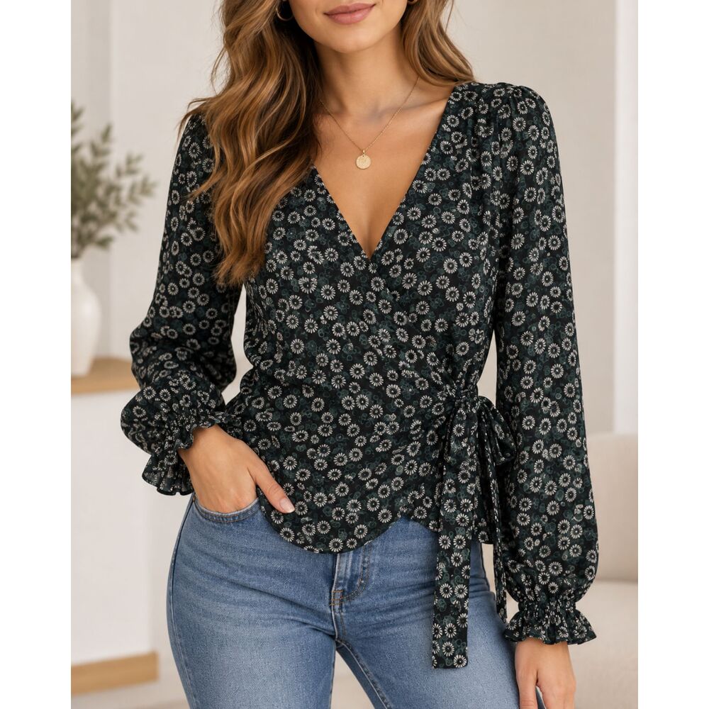 Max Studio Floral Long-Sleeve Wrap Top – Size Large